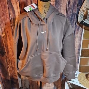 Nike Brown Hoodie with White Logo  Pullover Sweatshirt Oversized Size Large